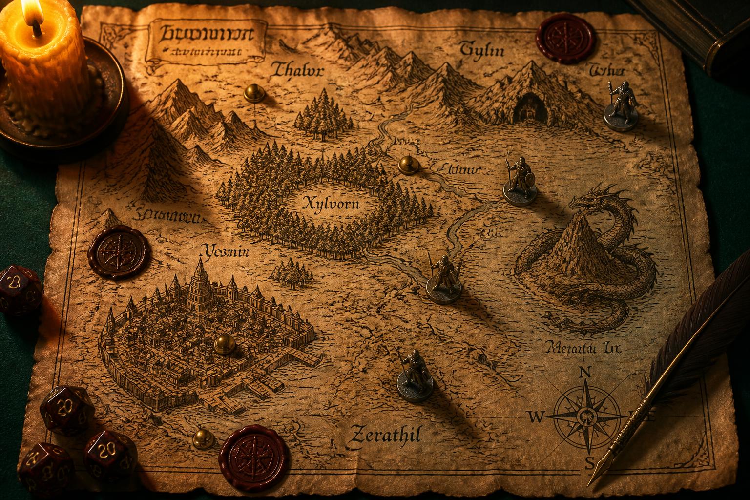 Mapa antigo desenhado à mão sobre mesa com dados, velas e miniaturas